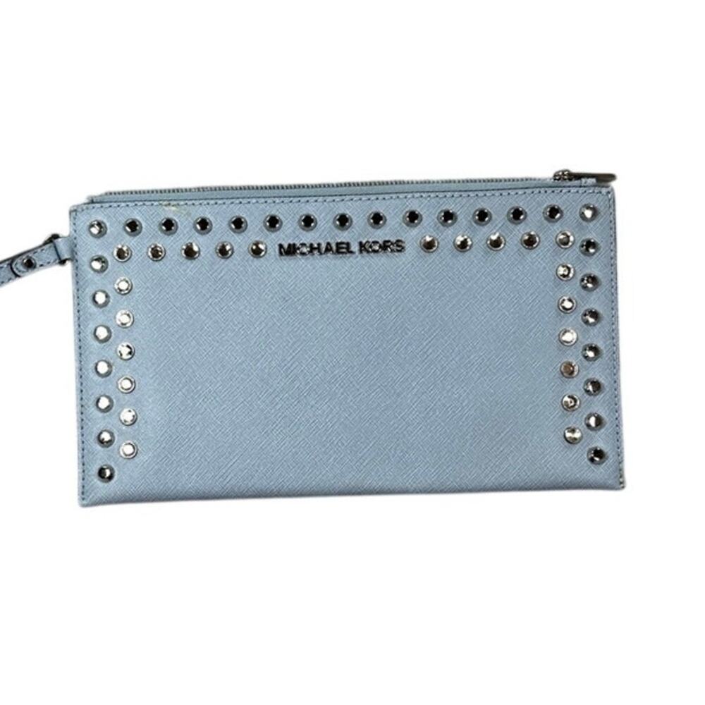 Michael Kors Pouch Wristlet Studded Saffiano Leather Pale Blue Glam Edgy Rocker